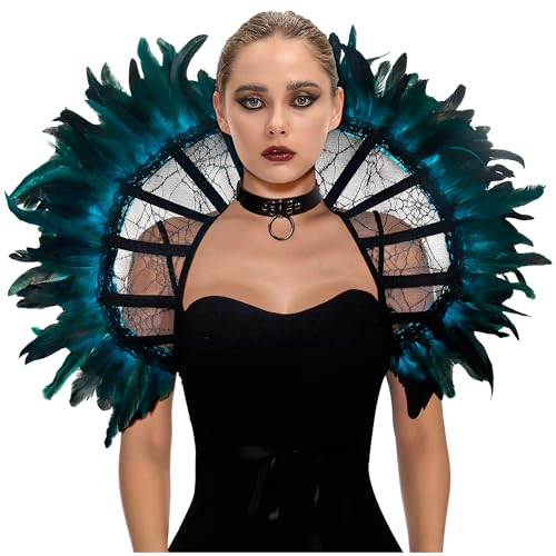 keland Damen Gothic Feder Kragen Umhang Federkragen Viktorianisch Spitzenkragen Halloween Cosplay Accessoire (Saures Blau-1)