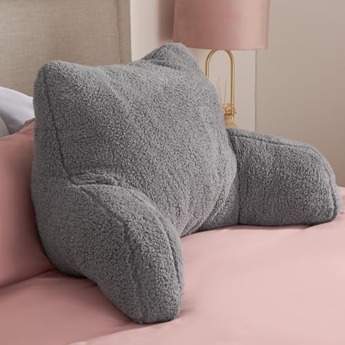 OHS Teddy Fleece Cuddle Cushion Grey, Reading Pillow Back Support Cushions Soft Cosy Snuggle Cushion for Bed Teddy Pillow with Arms Bed Seat for Relaxing Working