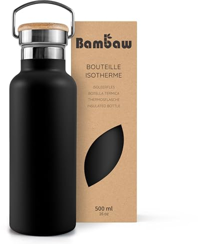 Bambaw Gourde Isotherme 500ml, Gourde Noire, Thermos Inox, Gourde Velo, Gourde Sans BPA, Gourde Réutilisable, Gourde Isotherme Sport 500ml – Noir Onyx