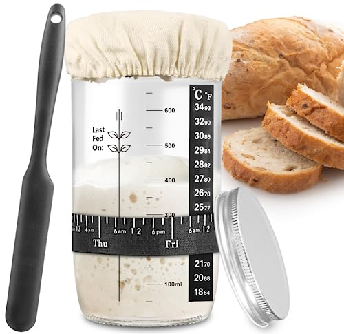 zunmial Sourdough Starter Jar 680ml, Glass Sourdough Starter Kit with Date Feeding Band, Thermometer, Cloth Cover & Metal Lid, Reusable Sourdough Bread Baking Supplies, Home Baking Supplies