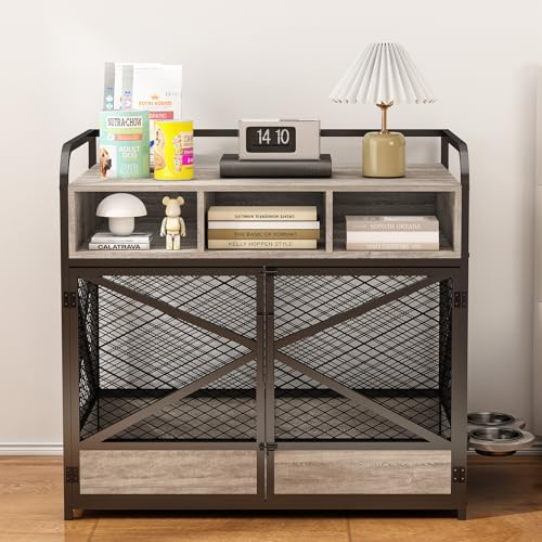 DAWNYIELD Hundekiste Möbel für Große Hunde, Hölzerne Indoor-Möbel Stil Hundehaus End Tabelle mit 3 Schubladen, Heavy Duty Hundehütte mit 360 ° Drehbaren Hundenapf Grau