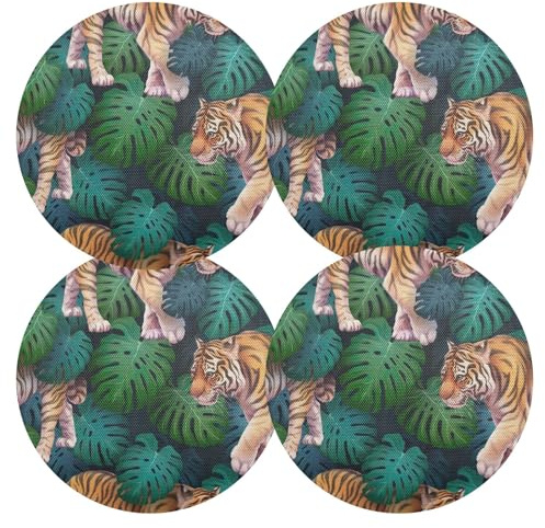 Platzdeckchen mit Dschungeltiger-Motiv, Monstera-Blätter, rund, für Esstisch, Küche, Dekoration, 4 Stück, 38,1 cm