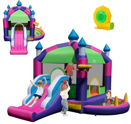 COSTWAY 5 en 1 Château Gonflable avec Toboggan & Toit & Souffleur 680W, Aire de Jeux Gonflable avec Piscine & Panier de Basketball, Charge 90kg pour 2 Enfants de 3-10 Ans, 385x332,5x300CM