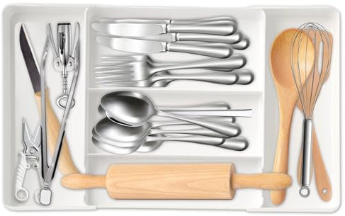 Range couverts pour tiroirs, Range-couverts extensible pour la cuisine 27x45cm, Range-couverts compact pour tiroir, Extensible 3-5 compartiments, Organisateur de tiroirs en plastique pour cuisine