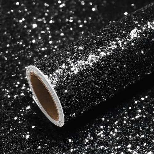 VEELIKE Black Chunky Glitter Wallpaper Peel and Stick Luxury Sparkle Wallpaper for Bedroom Walls Shimmering Glitter Contact Paper Self Adhesive Vinyl Wrap for Furniture Stickers Removable 40cm x 300cm