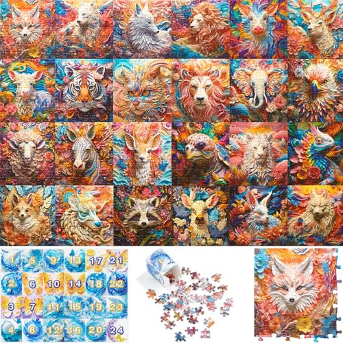 Calendrier de l'Avent Puzzle 2024, Puzzle en 3D pour Adultes et Enfants, Compte à Rebours de Noël sur 24 Jours, 24 Puzzles en Forme d'animaux, 1008 Pièces