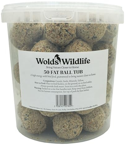 Wolds Wildlife - Premium Suet Fat Balls, 50 x 80g Tub - High-Energy, All-Season Fat Balls for Wild Birds - Enriched with Human-Grade Beef Tallow - High Energy Bird Food with Essential Oils & Protein