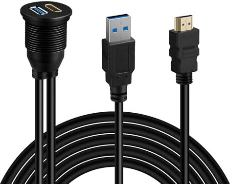 XTRONS USB 3.0 Extension 3M/10FT HDMI Cable Waterproof USB 3.0 HDMI Type A Male to Female Long Flush Mount Extender SuperSpeed Data Transfer Cable Up to 5Gbps for Car/Boat/Motorcycle/Home/Office
