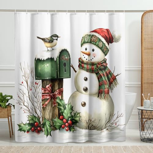 Tenda da doccia con pupazzo di neve, decorazione invernale per il bagno con uccelli e elementi per cassetta postale, tenda da doccia colorata in tessuto impermeabile con ganci, 183 x 183 cm