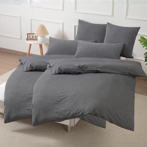 Nesture Bettwäsche 135x200 Baumwolle 4teilig Anthrazit - Bettwäsche-Sets Weich, 100% Gewaschene Baumwoll, Enthält 2 Bettbezug 135 x 200cm und 2 Kissenbezug 80x80 mit Reißverschluss
