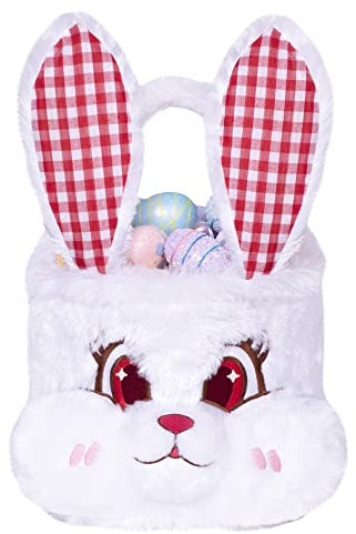Beyond Your Thoughts Hase Osterkorb für Kinder, 3D süßer Plüsch leerer Eimer mit faltbaren Ohren und Griff Eiersuche Tote Candy Bag Korb für Jungen Mädchen Teenager Geschenk, Osterkorb Dekor Weiß