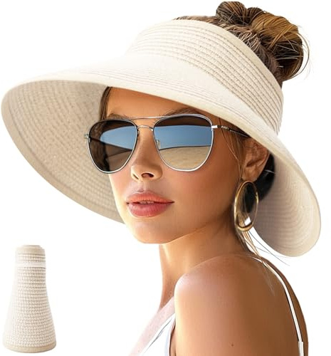 NPJY Sun Hats for Women Wide Brim Roll-Up Beach Ponytail Hat Packable Travel Foldable Straw Visor Beige