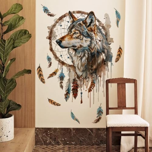 Runtoo Wolfs-Wandaufkleber, Traumfänger, Feder, Boho-Wandaufkleber für Schlafzimmer, Wohnzimmer, Mädchen, Kinderzimmer, Wanddekoration
