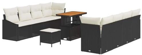 vidaXL 11-teiliges modernes Garten-Sofa-Set mit Kissen aus schwarzem Polyrattan und cremefarbenem, UV-beständigem Outdoor-Möbel für 6 Personen – modulare Terrassenlounge für die Veranda und den Garten