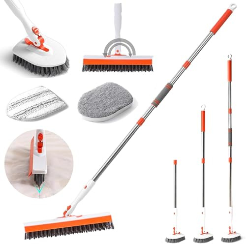 Tub and Tile Scrubber Bathroom Cleaner Shower Cleaning Brush, V-Shaped Stiff Bristles Scrub Brush, 3x Scrub Brushes Heads & 133cm Detachable Long Handle for Bathtub Kitchen Toilet Wall Floor Baseboard