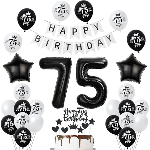 Schwarz Weiß Luftballons 75. Geburtstag Junge frauen Dekoration,Geburtstagsdeko 75 Jahre Junge ballon,Tortendeko 75 Geburtstag frauen, Folienballon Zahl 75, Happy Birthday banner deko