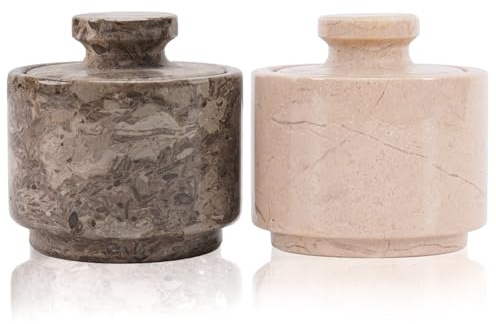 MARBLOUS KRAFTS Marble Salt Cellar, Oceanic & Verona, 3 Inches | Handmade marble salt and spice holder with lid, sea salt storage container, dining table and kitchen decor, gift idea