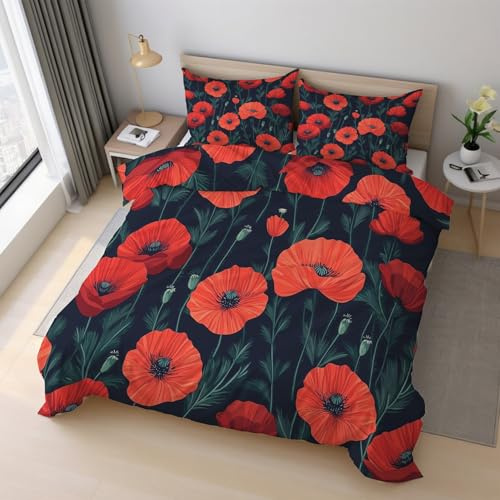 Generisch Mohnblumen Bettwäsche 135x200cm, Rot Blumen Floral Bettwäsche-Sets 2 Teilig, Bettbezug + 1 Kissenbezüge 80x80cm Weich Mikrofaser mit Reißverschluss 21D&-20