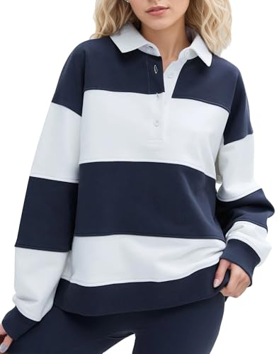 Soamat Womens Striped Color Block Polo Sweatshirt Rugby Shirt Oversized Long Sleeve Lapel Corllared Pullover Blouses