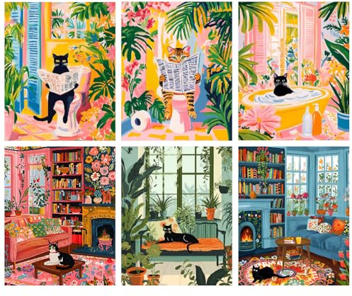 BEAYIOU Lot de 6 kits de peinture par numéros sur toile pour adultes, sans cadre, motif chat noir amusant à faire soi-même, kit de peinture acrylique facile pour débutants pour décoration d'intérieur