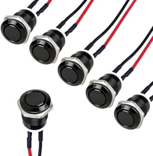 6 Stück 12MM Vorverdrahteter Druckknopf, 12V 2A Momentanen Druckschalter Flacher Kopf, IP65 Wasserdichter Metall Drucktastenschalter für Auto Boot Hupen