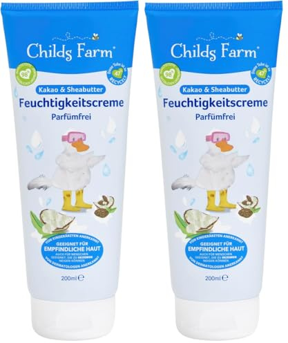 Childs Farm Kinder Feuchtigkeitscreme 200 ml, parfümfrei, beruhigt und spendet Feuchtigkeit | Geeignet für trockene, empfindliche und auch zu Neurodermitis neigende Haut (Packung mit 2)