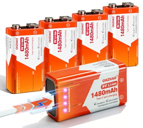 5 Stück wiederaufladbare 9v Batterie, 1480mAh langlebige 9volt Block batterien mit LED-Anzeige, USB-C-Aufladung mit Ladekabel für Rauchmelder, Multimeter, Mikrofone, Walkie-Talkies, Spielzeug