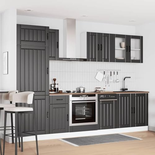 ATOMSTACK MAKER Kalmar Lot de 8 armoires de cuisine noires en bois avec façades en verre, meuble sous évier, armoire de four, armoires suspendues et panneau de lave-vaisselle, pour cuisine encastrée