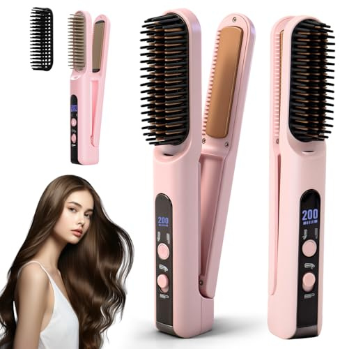 KASURE Flat Iron Hair Straightener Brush 2 in 1, 200M Ions Hair Straighteners for Women, USB Charging Ceramic Straightening Hot Comb for Anti-Frizz Straights, Waves, Curl, 3X Less Heat Damage (Pink)