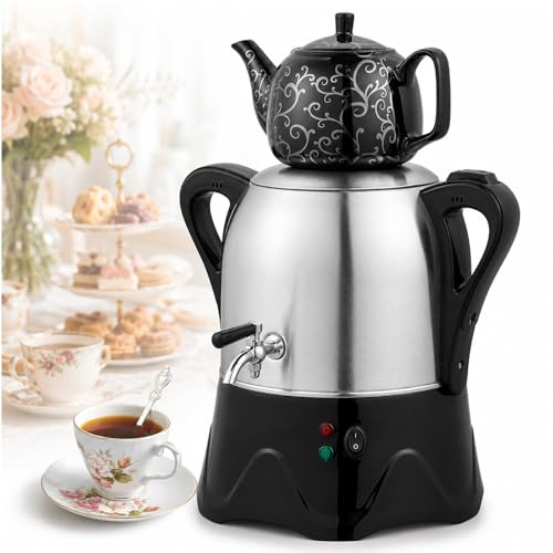 Vhewq Bollitore Elettrico per tè Turco, Samovar Turco con Funzione di Mantenimento in Caldo, Teiera in Acciaio Inox da 3 Litri E Teiera in Ceramica da 1 Litro, per caffè, tè Aromatizzato E tè Turco