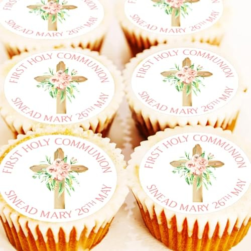 Holy Communion Cake Toppers - PRECUT - Personalised Pink Holy Communion Cake Decorations - 4cm x 24 - Icing or Wafer (Wafer)