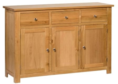 Hallowood Furniture Waverly Oak Large Sideboard Storage Cabinet with 3 Drawers & Cupboard, Wooden Sideboards for Living Room, Ideal for Bedroom & Dining Room Storage