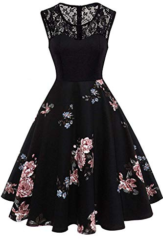 Axoe Damen 50er Jahre Rockabilly Kleid mit Blumenmuster Ärmellos, Farbe04, S (36/38 EU)