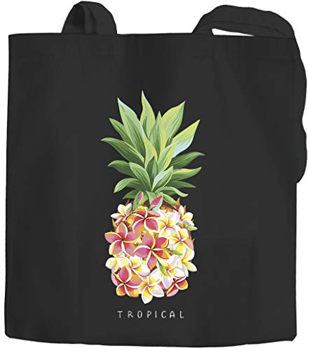 Autiga® Jutebeutel Ananas Blumen Pineapple Flowers Tropical Summer Paradise Baumwolltasche Stoffbeutel schwarz 2 lange Henkel