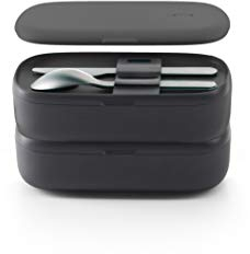 Lékué Recipiente doble hermético para conservar y transportar alimentos con cubiertos, Negro, 1000 ml