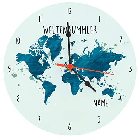 Herz & Heim® Uhr für Weltenbummler mit Ihrem Wunschnamen Bedruckt - 18 cm Durchmesser