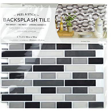 YöL Smoked Glass Backsplash Tiles Peel & Stick 4pcs White Grey Black Home Wall Self Adhesive Stickers