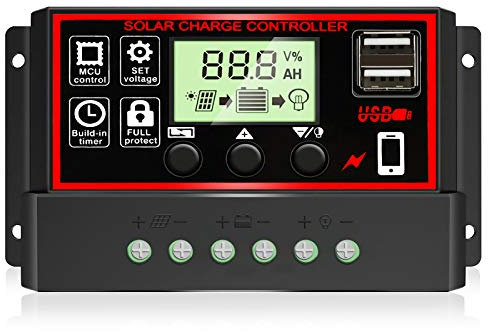 30A Laderegler Solar 12V/24V, Solar Ladegerät PWM Controller Solarpanel Batterie Intelligente Solarregler mit 5V Dual USB Port, Auto-Parameter LCD Anzeige Solar Controller für Blei Säure Batterien