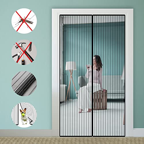 Auxmir Fliegengitter Balkontür Magnet 100x210cm, VERDICKTER Fliegengitter Tür mit Stärkere Magneten 4cm Verbreites Klebstreifen, Insektenschutz Balkontür ohne Bohren für Terrassen Wohnzimmer, Schwarz
