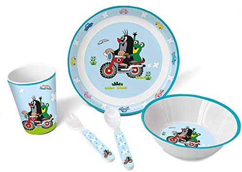 TRÖTSCH - Der kleine Maulwurf Kindergeschirr Set Motorrad 5 teilig: In einer Geschenkverpackung: aus Melamin mit Geschenkverpackung