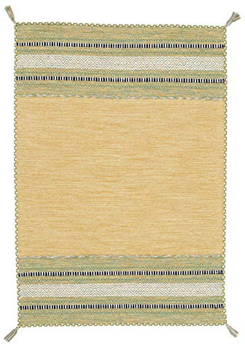 carpetfine Flachgewebeteppich Kelim Azizi Gelb 240x340 cm | Moderner Teppich für Wohn- und Schlafzimmer