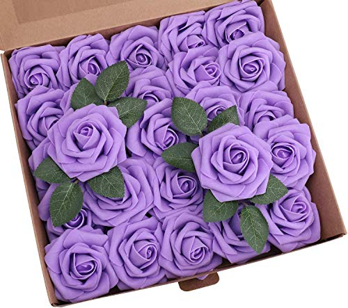 Ancokig Künstliche 25 Stück Rosen Blumen Schaumrosen Foamrosen Kunstblumen Rosenköpfe Gefälschte Kunstrose Rose für Hochzeit Blumensträuße Braut Zuhause Dekoration (Lila,25 Stück)