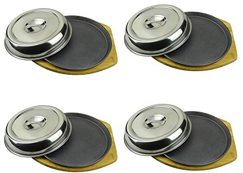 Heavy (4 Piece) Fajita Skillet Set with Wood Base Kitchen Accessories Cast Iron Skillet Cooking Set, Cast Iron Steak Platter with Stainless Steel Cover (Size : 24cm)