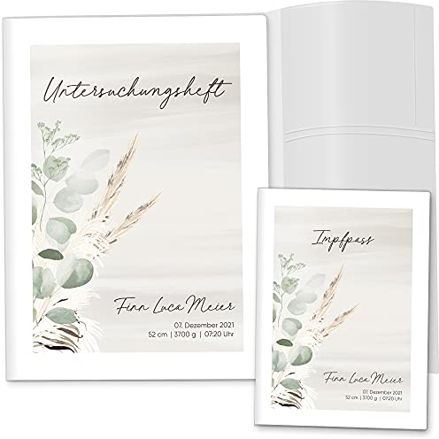 OLGS U-Heft & Impfpasshüllen Set 3-teilig | Dünengräser Design | Erstklassiges Babygeschenk | Schutzhülle für den Untersuchungsheft und Impfpass mit Namen (U-Heft Set personalisiert, Erfrischend)