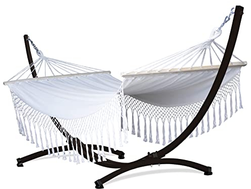 Potenza Outdoor Hängematte mit Gestell für 2 Personen I Stabhängematte XXL 220x160, 200kg I Hängemattengestell 220kg Wetterfest (Santia-Ecru, Gestell Braun)