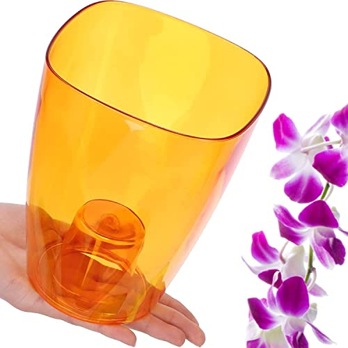 B2C Plant Orchid Pot Plastic 8 Colours Gloss Oval Planter Transparent Clear 12 cm (Orange transparent, Square)