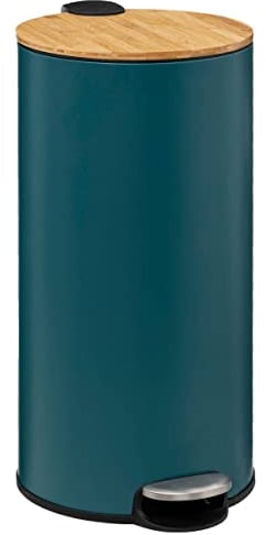 5Five - Poubelle cuisine 30 litres - Pétrole - Modern Color - Couvercle en bambou - Seau amovible et Poignée arrière