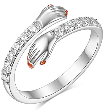 QKEPCY 925 Sterling Silber Umarmungsring Verstellbarer Paar Umarmungsring Kristall Ring Romantischer Love Hugging Hands Ring Silber Geben Sie Mir Eine Umarmung Hand Offene Ring (Silber)