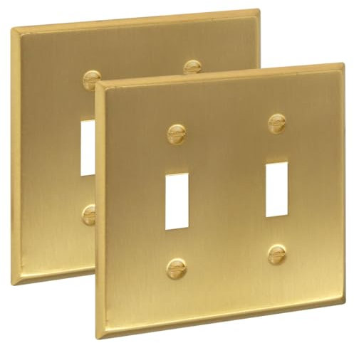 Rio Salto BRASS Metal Gold Double Toggle Light Switch Covers, 2-Pack Wall Plate Toggle Light Switch Wallplate Decorative Gold 2-Gang Wall Switch Plate Covers Genuine Brushed Brass
