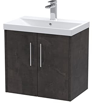 Hudson Reed JNU2623D Juno Wall Hung 2 Door Vanity Unit & Thin-Edge Ceramic Basin, 600mm, Matt Metallic Slate